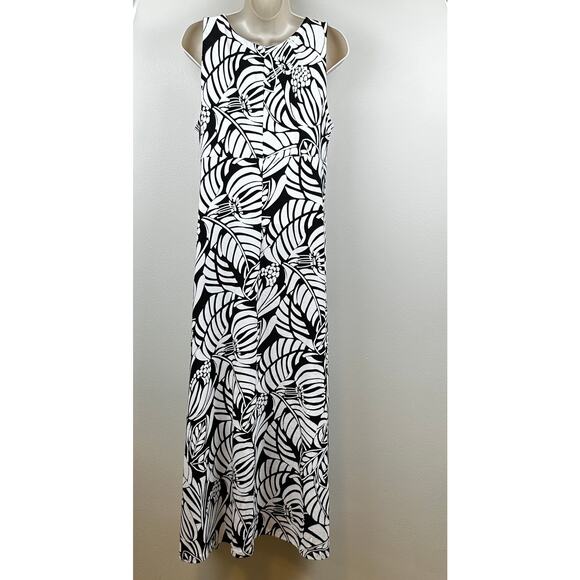Talbots Graphic Botanical Jersey Maxi Dress Tropical Sleeveless Black White MP - Picture 7 of 11